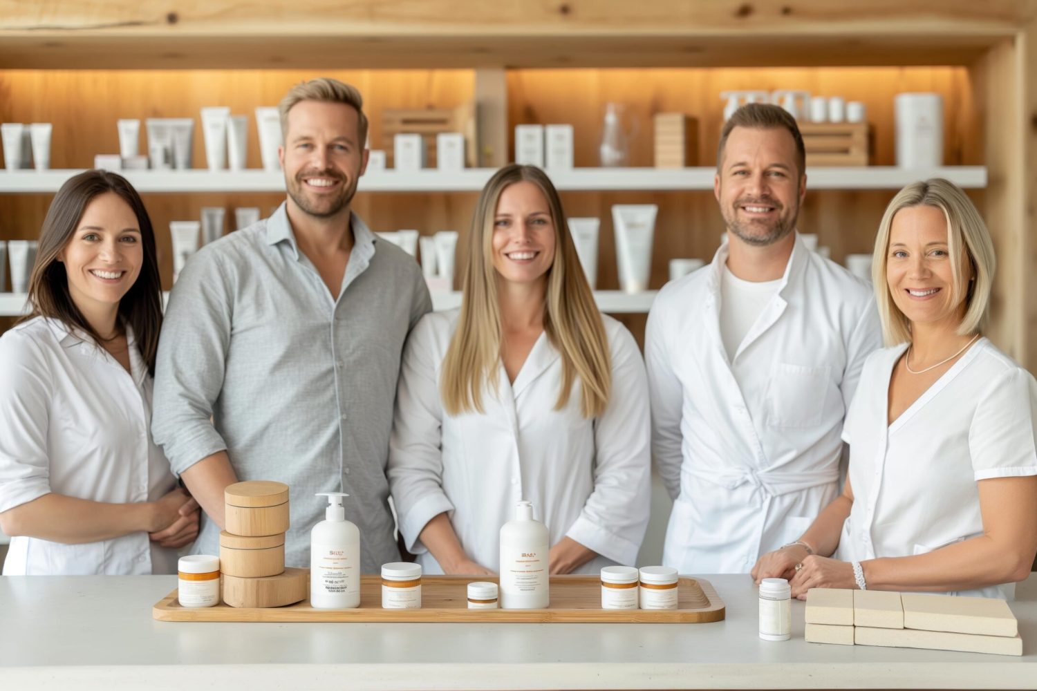 group-five-individuals-white-professional-attire-standing-counter-with-skincare-products-modern-beauty-store-min group-five-individuals-white-professional-attire-standing-counter-with-skincare-products-modern-beauty-store-min